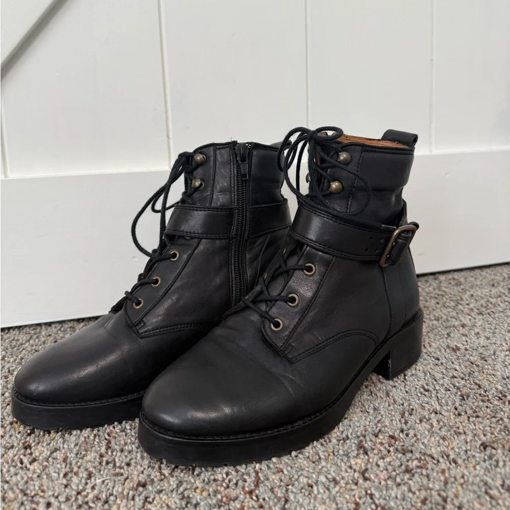 Sezane Black Leather Lace-Up Ankle Boots with Buckle